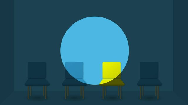 Des chaises bleu et jaune repr&eacute;sentant des candidatures sont s&eacute;lectionn&eacute;es dans le cadre d'un recrutement professionnel, un halo lumineux entoure la chaise du profil id&eacute;al