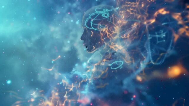 Silhouette against vibrant indigo and purple energy field. Swirling particles and ethereal light surround the figure. Complex equations float in space, suggesting advanced quantum theories. 