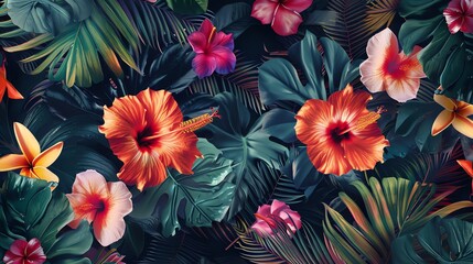 exotic tropical design background with bright palm leaves and hibiscus in Hawaiian theme.