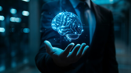Man holds a holographic brain with glowing powers at night.