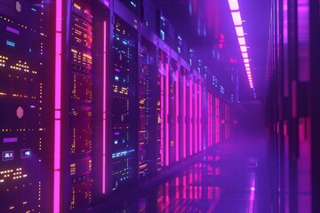 A futuristic data center with rows of servers and blinking lights, showcasing advanced technology and connectivity