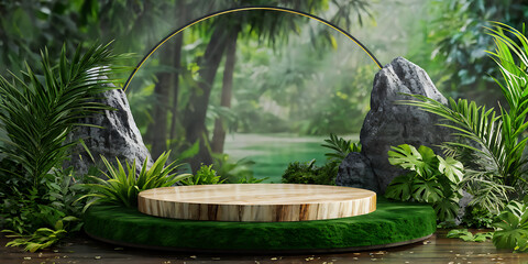  Podium background product forest green display platform wood stone 3d garden rock. Product podium jungle background stage leaf cosmetic nature scene stand presentation mockup tree pedestal plant eco