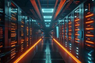 Fototapeta premium A futuristic data center with rows of servers and blinking lights, showcasing advanced technology and connectivity