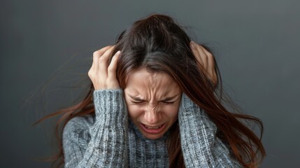 Frustrated Woman Screaming And Pulling Hair. Mental Health, Emotional Pain, Intense Facial Expression