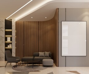 Contemporary office & hotel lounge interior with backdrop and canvas mockup, 3d illustration render