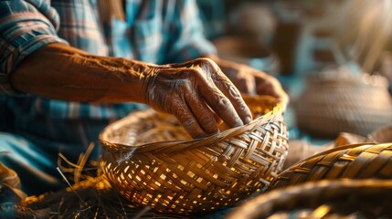 Elderly Hands Crafting Intricate Handmade Woven Basket with Care and Precision