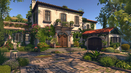 Fototapeta premium Your dream villa, adorned with a captivating garden and a garage. The design evolves in each prompt, offering a visual journey through distinct styles.