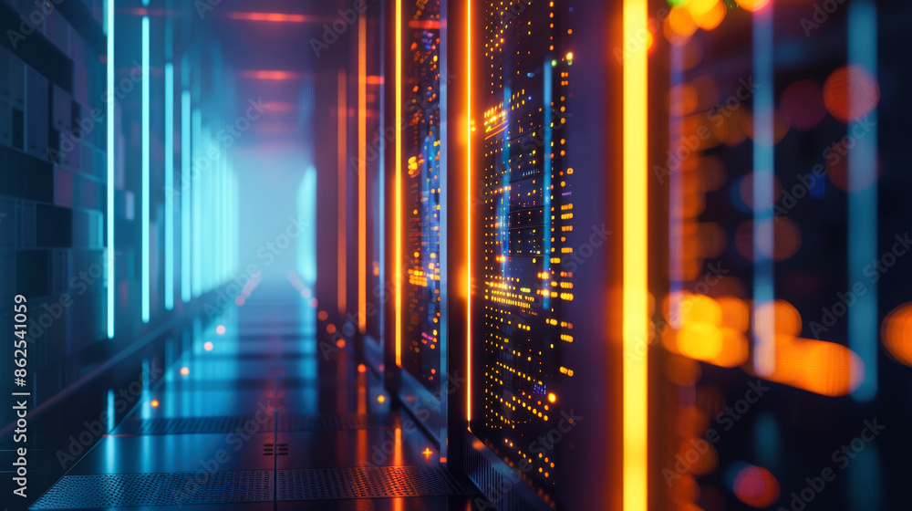 Poster a row of computer servers in a data center. concept of cyberspace, communication and technology.