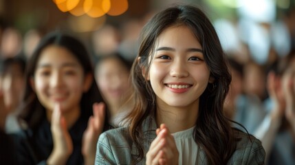 A group of Asian business professionals, smiling and clapping their hands, is attending a work conference and listening to presentations. People have seats in the auditorium or meeting room.