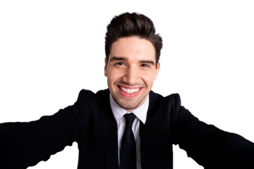 Close up photo amazing he him his macho attractive handsome make take selfies funny funky cheerful show perfect teeth wear white shirt black suit jacket tie formalwear isolated bright grey background