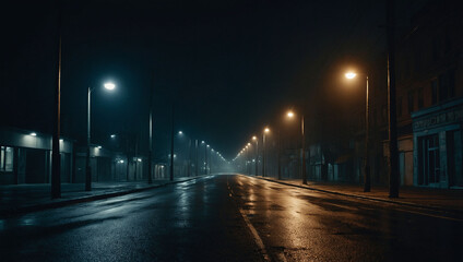 nostalgic feel. night. a road leads off into the distance.