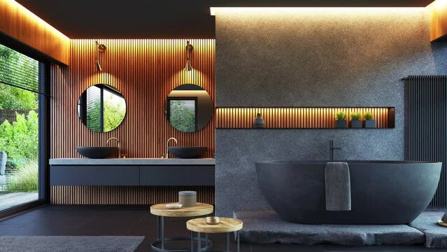 Bathroom interior design with black bathtub