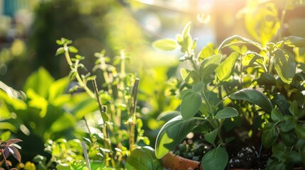 Vibrant Fresh Herbs and Vegetables Thriving in Sunlit Garden Close-Up
