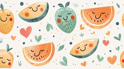 Fototapeta premium Cute seamless pattern with smiling fruits, hearts and leaves on white background. Perfect for textile, wallpaper, and wrapping paper.