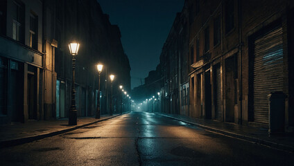 nostalgic feel. night. a road leads off into the distance.