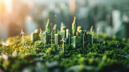 miniature green city model with high-rise buildings surrounded by lush green trees and several wind turbines. The scene is bathed in soft, warm light, suggesting an eco-friendly, sustainable urban env