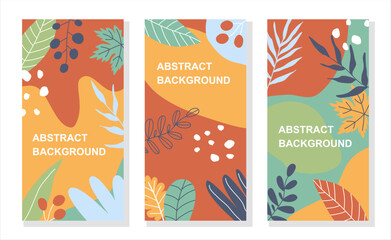 A set of three stories templates with abstract shapes in green, orange, blue, yellow colors. Media post for social networks. Autumn background templates with simple yellow plants and leaves.