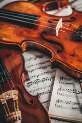 Naklejka premium Harmonious Composition: Close-Up of Musical Instruments and Sheet Music in Clear Lighting