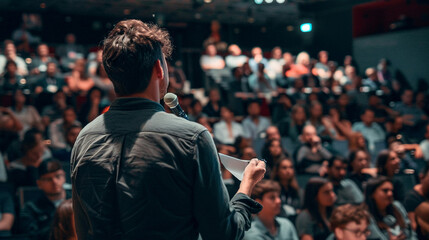 A motivational speaker delivering a talk to a virtual audience.