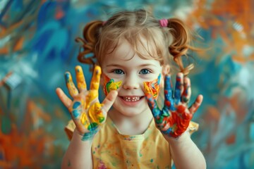 A happy child with her hands covered in colorful paint