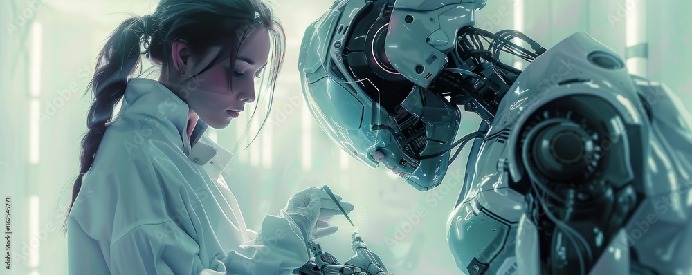 Poster a robot assisting a surgeon in a complex operation, its precise movements and advanced technology sa