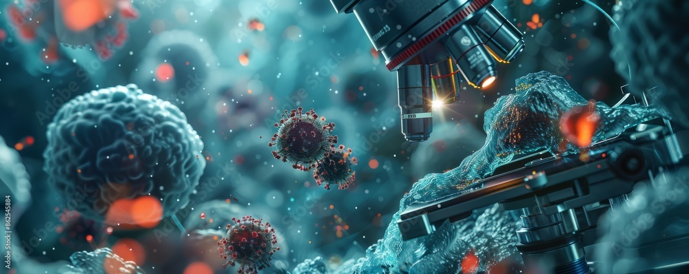Poster a microscope revealing the hidden world of cells and bacteria, their intricate structures magnified 