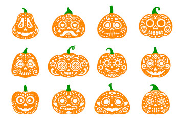 Halloween party Mexican pumpkin spooky characters. Dia de los muertos gourds with sugar skull pattern. Vector funny and spooky calaca faces, symbol of celebration rich culture and folklore of Mexico
