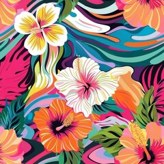 Fototapeta premium Vibrant Tropical Floral Pattern with Hibiscus and Exotic Leaves