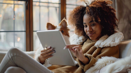 A pet owner showing off pet accessories in a live stream.