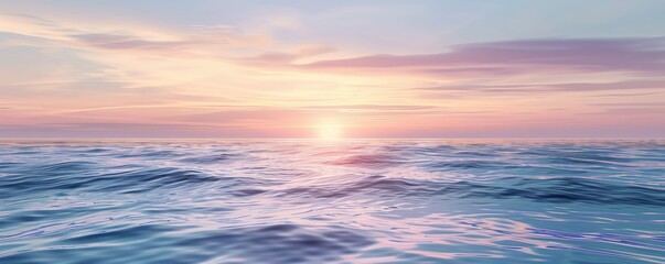 Obraz premium Sunset over calm ocean with pastel sky, serene seascape. Relaxation and tranquility concept