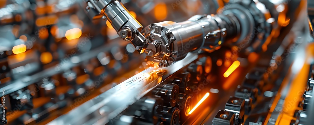 Poster a robot arm assembling a complex piece of machinery, its movements precise and efficient.
