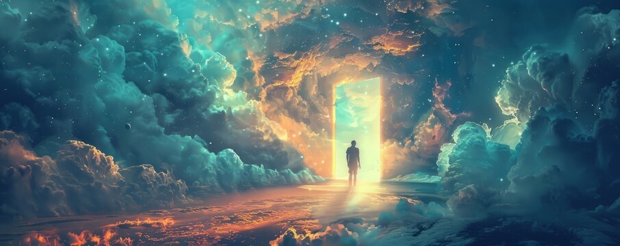 A man walking through a door that leads into the sky, the clouds swirling around him like a portal to another world.
