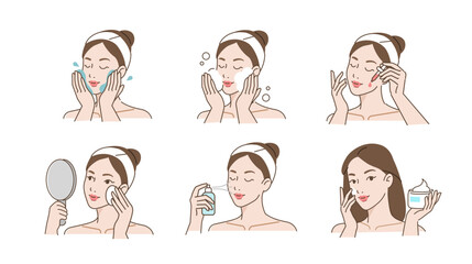 Skincare set. Collection of girl removing make up by washing her face, using cleansing wipe and other cosmetic products. Beauty and hygiene concept. Vector illustration.