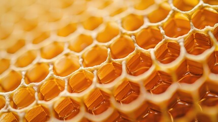 A close-up shot of a honeycomb filled with golden honey
