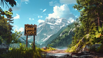Good Luck Sign in Serene Mountain Landscape with Clear Skies