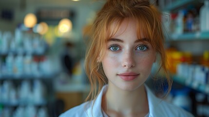 Fototapeta premium Young Woman With Red Hair and Green Eyes Works in a Pharmacy