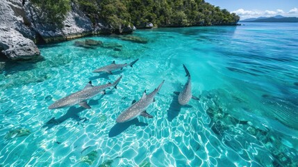 Fototapeta premium Sharks Swimming in Crystal-Clear Waters of Whitsunday Island