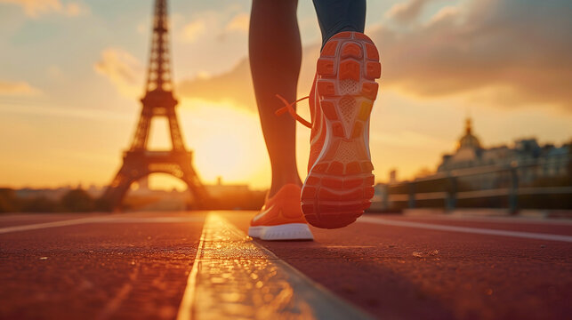 Focus on running shoes of an athlete whos running towards the eiffel tower of paris at sunset