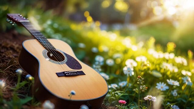 Acoustic guitar with beautiful garden background in smooth looping background with 4K video animation.