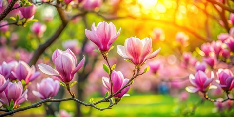 Obraz premium Blurred magnolia spring blooming garden with vibrant colors, magnolia, spring, blooming, garden, blurred, nature