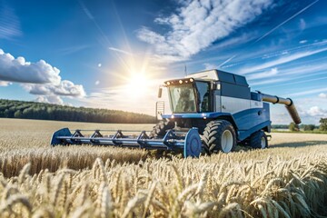 Obraz premium Golden Harvest at Sunset A Combine Harvester in a Field of Wheat