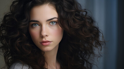 Slide  showcases a captivating beauty portrait of a young brunette woman with a stunning gaze.