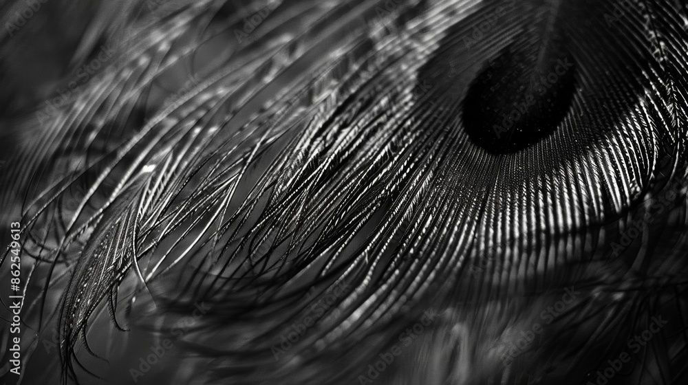 Aufkleber the intricate structure of a feather with every barb and barbule in sharp focus. black and white art