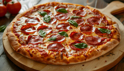 Tasty pizza with basil on table in the kitchen