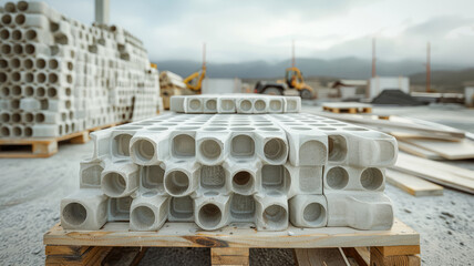 Stacked concrete pipes on wooden pallets at a construction site