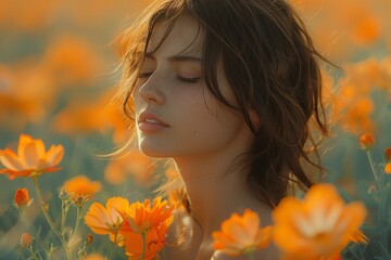 Naklejka premium A young woman with closed eyes standing in a sunlit field surrounded by vibrant orange flowers, exuding a sense of serenity, contemplation, and peace amidst a natural landscape.