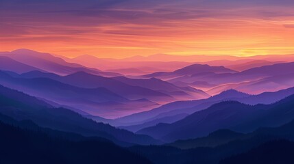 Fototapeta premium Sunset over mountain range with misty valleys, scenic nature view. Peaceful landscape and tranquility concept
