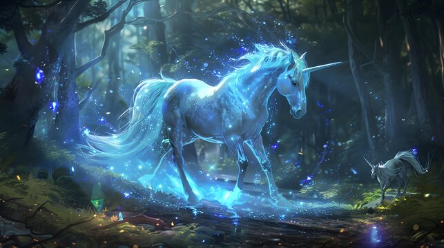 A beautiful sky blue unicorn. The large spreading wings of the unicorn are carried high into the sky. A magical and mysterious horse with wings and a horn. 