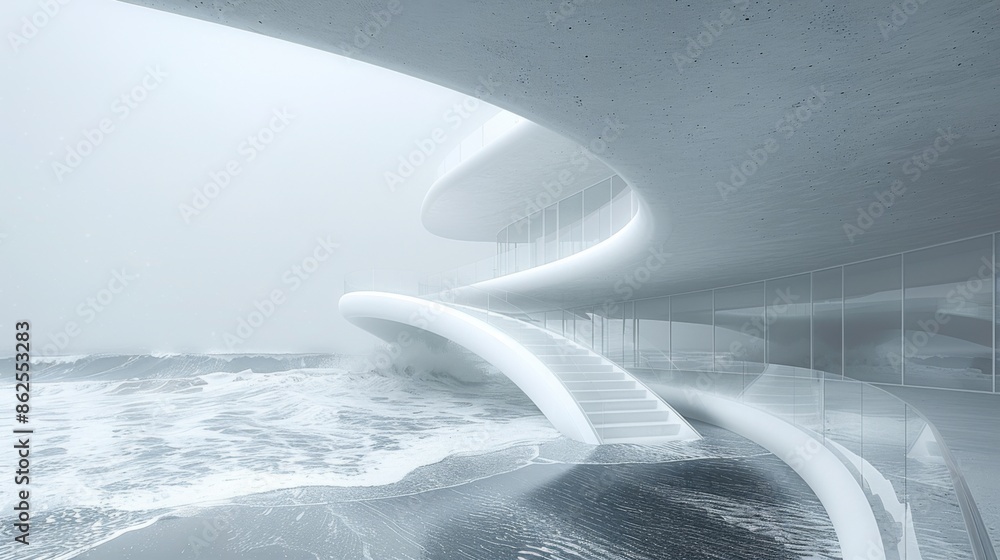 Poster depict a network of transparent roads weaving through the waves, connecting futuristic floating citi
