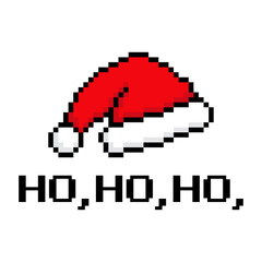 Fototapeta premium Tiempo de Navidad. Logo con mensaje Ho Ho Ho con sombrero de Santa Claus estilo arcade con pixels para tarjetas y felicitaciones
